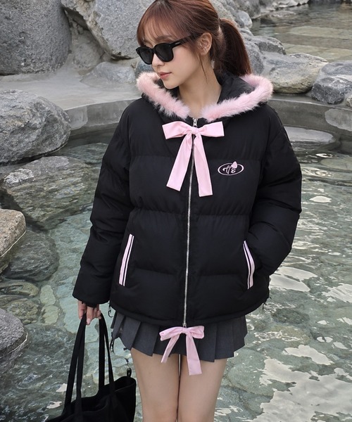 HOOK(フック)の「【HOOK】for girls リボン付き中綿フードジャケット (AW)(ダウンジャケット/コート・レディース・ホワイト/ブラック・FREE)」の21枚目の写真