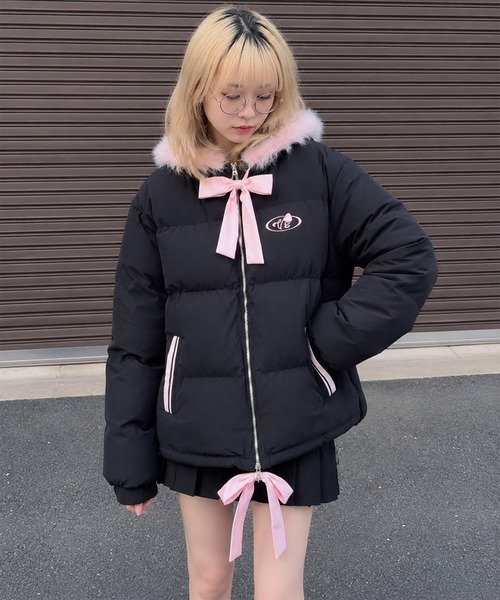 HOOK(フック)の「【HOOK】for girls リボン付き中綿フードジャケット (AW)(ダウンジャケット/コート・レディース・ホワイト/ブラック・FREE)」の22枚目の写真