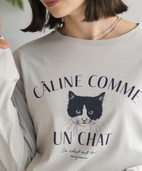 NAVY（ネイビー）の「NAVY 猫プリント長袖Tシャツ（Tシャツ/カットソー・レディース・グレイッシュベージュ/杢グレー/ホワイト・M/L）」の3枚目の写真