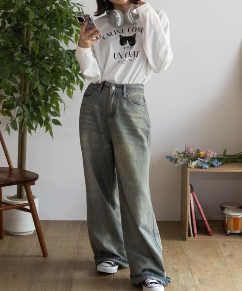 NAVY（ネイビー）の「NAVY 猫プリント長袖Tシャツ（Tシャツ/カットソー・レディース・グレイッシュベージュ/杢グレー/ホワイト・M/L）」の9枚目の写真