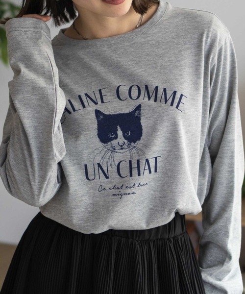 NAVY（ネイビー）の「NAVY 猫プリント長袖Tシャツ（Tシャツ/カットソー・レディース・グレイッシュベージュ/杢グレー/ホワイト・M/L）」の10枚目の写真