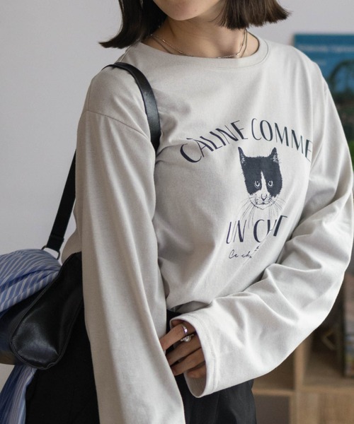NAVY（ネイビー）の「NAVY 猫プリント長袖Tシャツ（Tシャツ/カットソー・レディース・グレイッシュベージュ/杢グレー/ホワイト・M/L）」の15枚目の写真