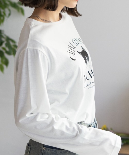 NAVY（ネイビー）の「NAVY 猫プリント長袖Tシャツ（Tシャツ/カットソー・レディース・グレイッシュベージュ/杢グレー/ホワイト・M/L）」の7枚目の写真