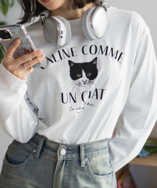 NAVY（ネイビー）の「NAVY 猫プリント長袖Tシャツ（Tシャツ/カットソー・レディース・グレイッシュベージュ/杢グレー/ホワイト・M/L）」の4枚目の写真