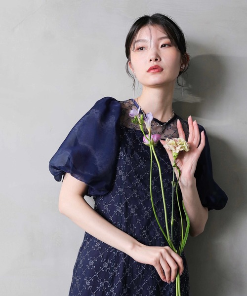 ダイヤレース マーメイド パフスリーブ バックリボン ワンピース