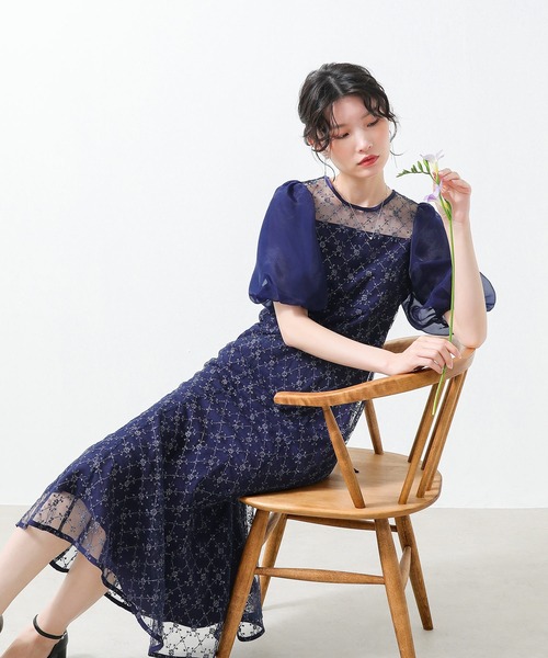 ダイヤレース マーメイド パフスリーブ バックリボン ワンピース
