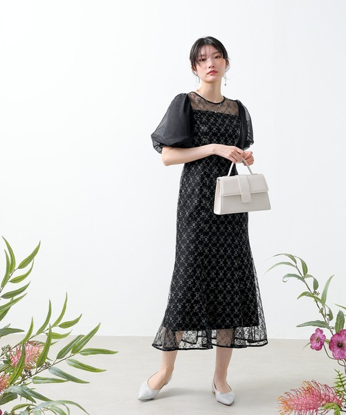 ダイヤレース マーメイド パフスリーブ バックリボン ワンピース