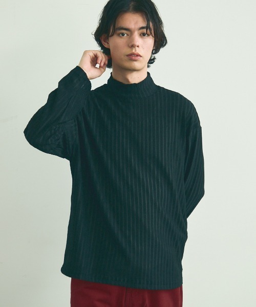 Shoowtime(ショウタイム)の「Striped Design Mock Neck Long Sleeve T-Shirt / ストライプデザインモックネックロングスリーブTシャツ(Tシャツ/カットソー・メンズ・ブラック/ホワイト・MEDIUM/LARGE/X-LARGE)」の3枚目の写真