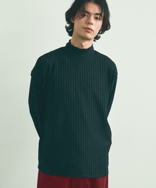 Shoowtime(ショウタイム)の「Striped Design Mock Neck Long Sleeve T-Shirt / ストライプデザインモックネックロングスリーブTシャツ(Tシャツ/カットソー・メンズ・ブラック/ホワイト・MEDIUM/LARGE/X-LARGE)」の5枚目の写真