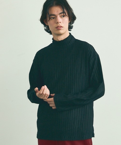 Shoowtime(ショウタイム)の「Striped Design Mock Neck Long Sleeve T-Shirt / ストライプデザインモックネックロングスリーブTシャツ(Tシャツ/カットソー・メンズ・ブラック/ホワイト・MEDIUM/LARGE/X-LARGE)」の6枚目の写真