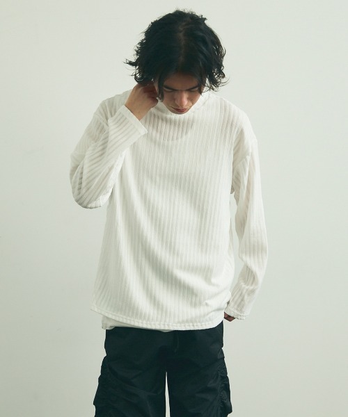 Shoowtime(ショウタイム)の「Striped Design Mock Neck Long Sleeve T-Shirt / ストライプデザインモックネックロングスリーブTシャツ(Tシャツ/カットソー・メンズ・ブラック/ホワイト・MEDIUM/LARGE/X-LARGE)」の18枚目の写真