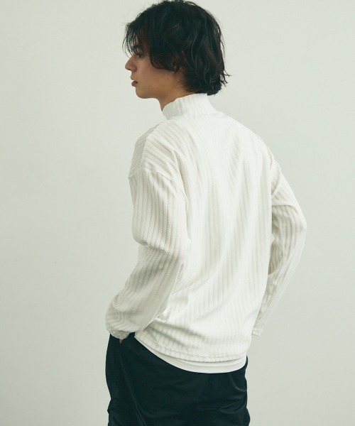 Shoowtime(ショウタイム)の「Striped Design Mock Neck Long Sleeve T-Shirt / ストライプデザインモックネックロングスリーブTシャツ(Tシャツ/カットソー・メンズ・ブラック/ホワイト・MEDIUM/LARGE/X-LARGE)」の21枚目の写真