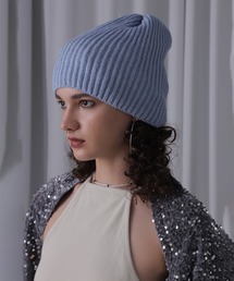 新品ローズバッドROSEBUDコサージュ付きニット帽ビーニーブルー水色ブラック青 BEANIE（ニットキャップ/ビーニー）｜ROSE BUD（ローズバッド