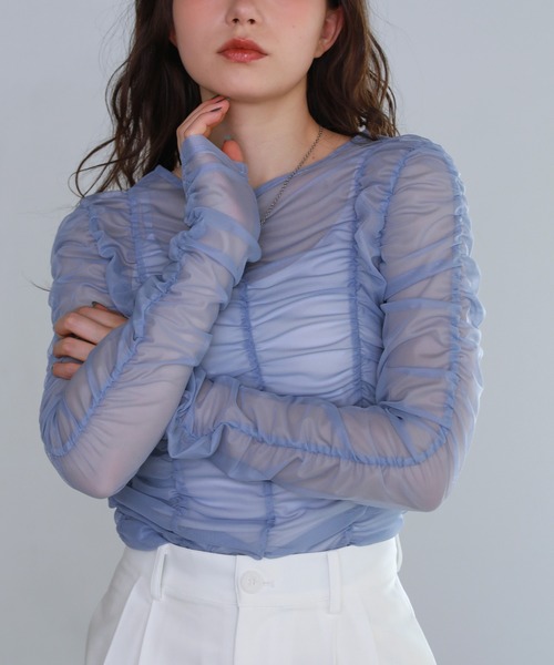 shetila(シェティラ)の「くしゅくしゅシャーリングチュール シアートップス(シャツ/ブラウス・レディース・ホワイト/グレー/ブルー/ブラック/チャコール/アイボリー・FREE)」の6枚目の写真