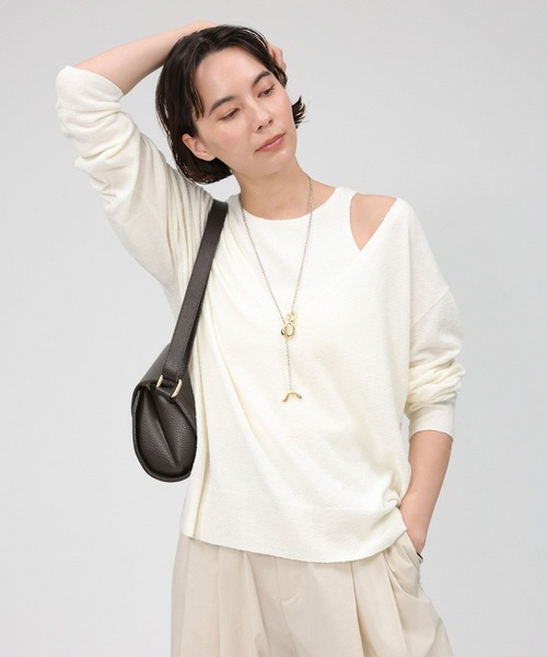 BABYLONE（バビロン）の「シルク混ブークレニットコンビ（アンサンブル・レディース・ライム/ホワイト/ブルー・フリー）」の2枚目の写真