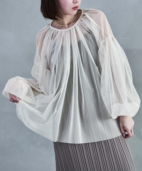 Fashion Letter（ファッションレター）の「チュールギャザー長袖ブラウス（シャツ/ブラウス・レディース・アイボリー/グレイッシュベージュ/ブラック/グレー・M）」の5枚目の写真