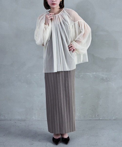 Fashion Letter（ファッションレター）の「チュールギャザー長袖ブラウス（シャツ/ブラウス・レディース・アイボリー/グレイッシュベージュ/ブラック/グレー・M）」の6枚目の写真