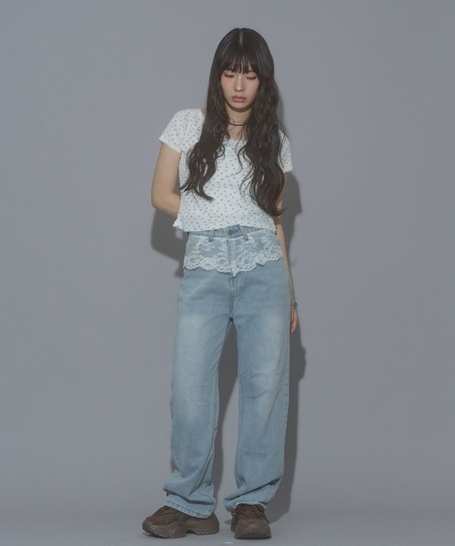 極美品　moments フラワー　プリント 半袖　Tシャツ トップス　グレー セール】【Nu】ミニフラワープリントトップス（Tシャツ