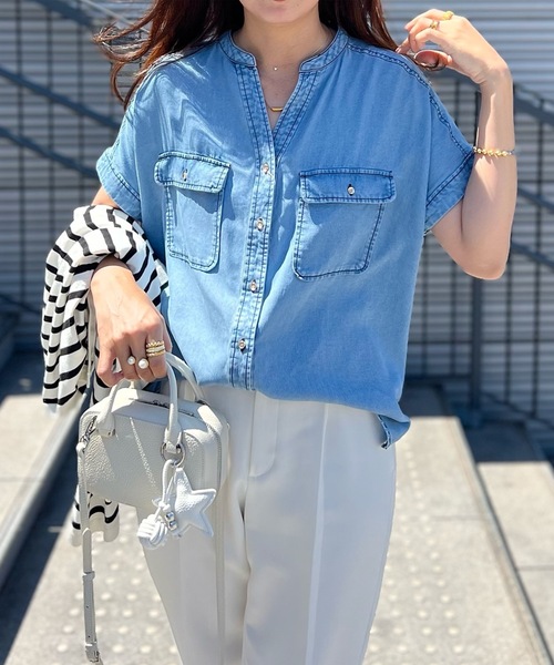 ★Golden ★ベルト デニム シャツ ドレス tocco closet ベルト付きビジュー釦ステッチ入りデニムシャツ