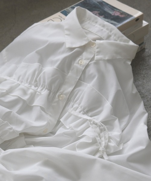 セール】ショート丈フリルシャツブラウス【無地/ストライプ】（シャツ