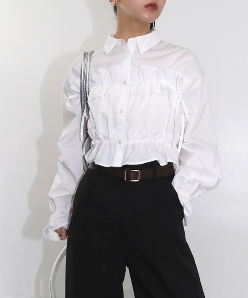 SLOBE IENA ショート丈　ブラウス　STRIPE CROPシャツ 追加》ミニフリルブラウス（シャツ／ブラウス）｜SLOBE IENA
