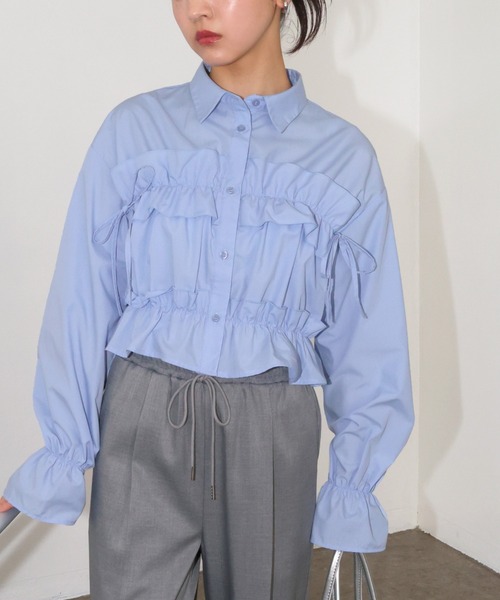 セール】ショート丈フリルシャツブラウス【無地/ストライプ】（シャツ
