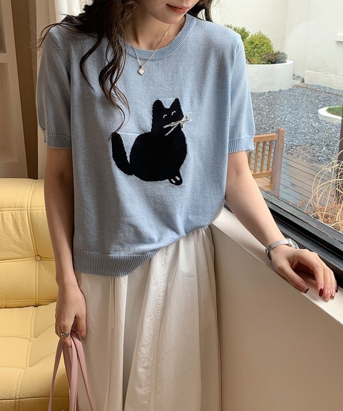 aimoha（アイモハ）の「黒猫モチーフニットソー　サマーニット　Tシャツ (SS)（Tシャツ/カットソー・レディース・ベージュ/ブルー/ライトグレー/ネイビー・FREE）」の4枚目の写真