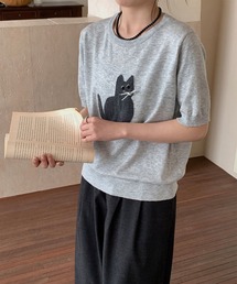 aimoha | 黒猫モチーフニットソー　サマーニット　Tシャツ (SS)(Tシャツ/カットソー)
