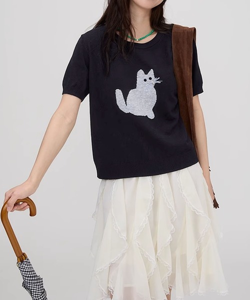 aimoha（アイモハ）の「黒猫モチーフニットソー　サマーニット　Tシャツ (SS)（Tシャツ/カットソー・レディース・ベージュ/ブルー/ライトグレー/ネイビー・FREE）」の13枚目の写真