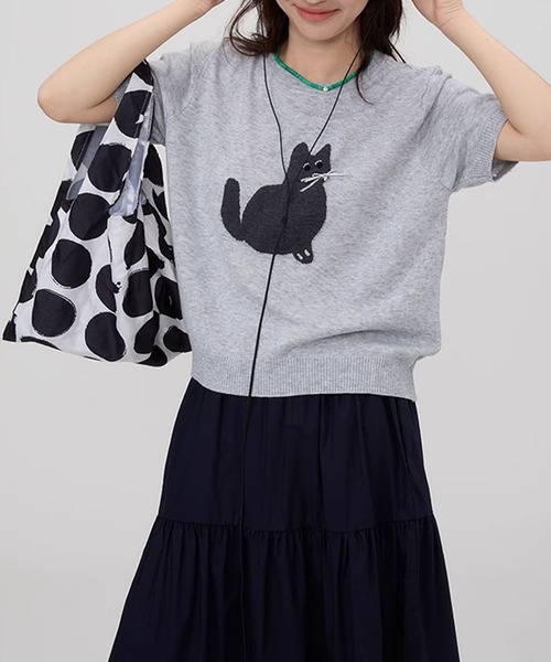 aimoha（アイモハ）の「黒猫モチーフニットソー　サマーニット　Tシャツ (SS)（Tシャツ/カットソー・レディース・ベージュ/ブルー/ライトグレー/ネイビー・FREE）」の6枚目の写真