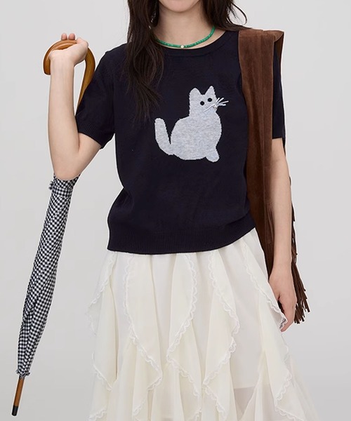 aimoha（アイモハ）の「黒猫モチーフニットソー　サマーニット　Tシャツ (SS)（Tシャツ/カットソー・レディース・ベージュ/ブルー/ライトグレー/ネイビー・FREE）」の14枚目の写真