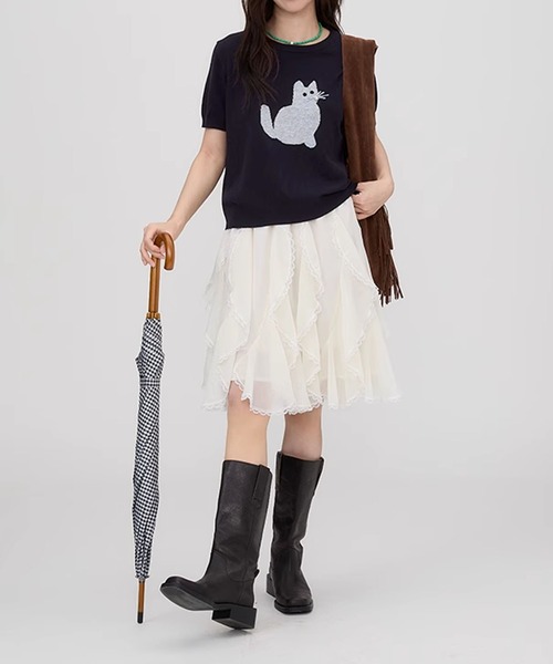 aimoha（アイモハ）の「黒猫モチーフニットソー　サマーニット　Tシャツ (SS)（Tシャツ/カットソー・レディース・ベージュ/ブルー/ライトグレー/ネイビー・FREE）」の12枚目の写真