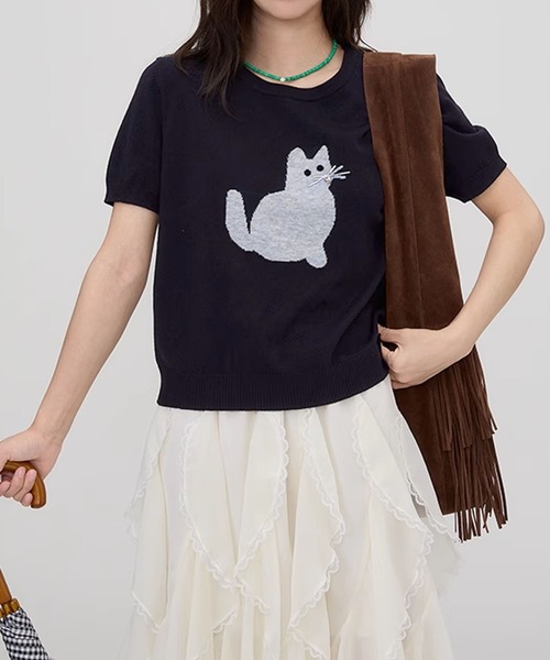 aimoha（アイモハ）の「黒猫モチーフニットソー　サマーニット　Tシャツ (SS)（Tシャツ/カットソー・レディース・ベージュ/ブルー/ライトグレー/ネイビー・FREE）」の15枚目の写真