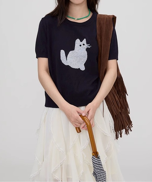 aimoha（アイモハ）の「黒猫モチーフニットソー　サマーニット　Tシャツ (SS)（Tシャツ/カットソー・レディース・ベージュ/ブルー/ライトグレー/ネイビー・FREE）」の16枚目の写真