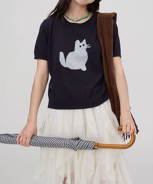 aimoha（アイモハ）の「黒猫モチーフニットソー　サマーニット　Tシャツ (SS)（Tシャツ/カットソー・レディース・ベージュ/ブルー/ライトグレー/ネイビー・FREE）」の17枚目の写真