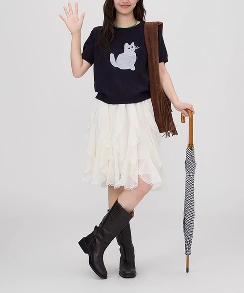 aimoha（アイモハ）の「黒猫モチーフニットソー　サマーニット　Tシャツ (SS)（Tシャツ/カットソー・レディース・ベージュ/ブルー/ライトグレー/ネイビー・FREE）」の11枚目の写真