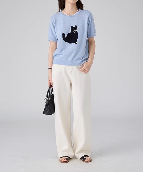 aimoha（アイモハ）の「黒猫モチーフニットソー　サマーニット　Tシャツ (SS)（Tシャツ/カットソー・レディース・ベージュ/ブルー/ライトグレー/ネイビー・FREE）」の22枚目の写真