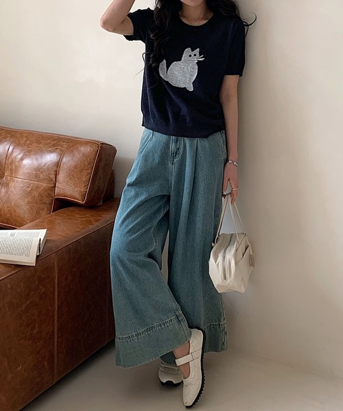 aimoha（アイモハ）の「黒猫モチーフニットソー　サマーニット　Tシャツ (SS)（Tシャツ/カットソー・レディース・ベージュ/ブルー/ライトグレー/ネイビー・FREE）」の8枚目の写真