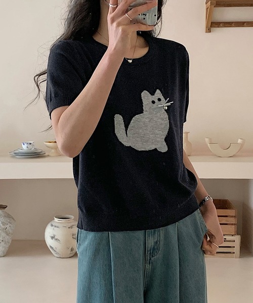 aimoha（アイモハ）の「黒猫モチーフニットソー　サマーニット　Tシャツ (SS)（Tシャツ/カットソー・レディース・ベージュ/ブルー/ライトグレー/ネイビー・FREE）」の10枚目の写真