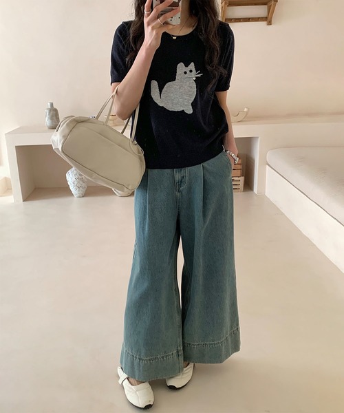 aimoha（アイモハ）の「黒猫モチーフニットソー　サマーニット　Tシャツ (SS)（Tシャツ/カットソー・レディース・ベージュ/ブルー/ライトグレー/ネイビー・FREE）」の9枚目の写真
