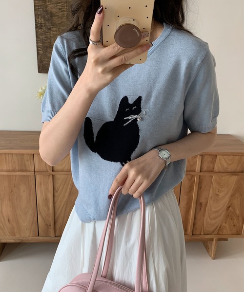 aimoha（アイモハ）の「黒猫モチーフニットソー　サマーニット　Tシャツ (SS)（Tシャツ/カットソー・レディース・ベージュ/ブルー/ライトグレー/ネイビー・FREE）」の21枚目の写真