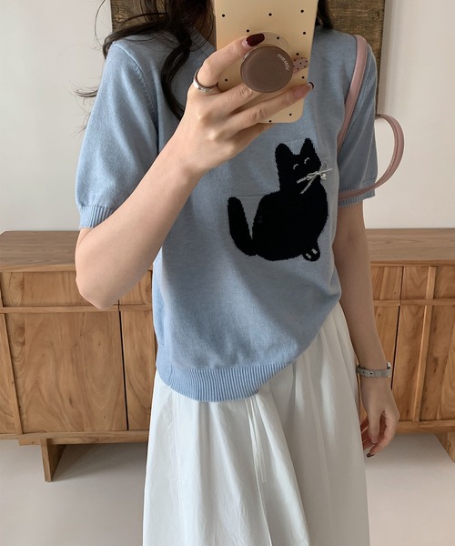 aimoha（アイモハ）の「黒猫モチーフニットソー　サマーニット　Tシャツ (SS)（Tシャツ/カットソー・レディース・ベージュ/ブルー/ライトグレー/ネイビー・FREE）」の20枚目の写真