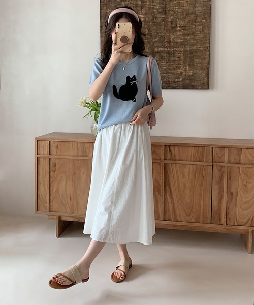 aimoha（アイモハ）の「黒猫モチーフニットソー　サマーニット　Tシャツ (SS)（Tシャツ/カットソー・レディース・ベージュ/ブルー/ライトグレー/ネイビー・FREE）」の18枚目の写真
