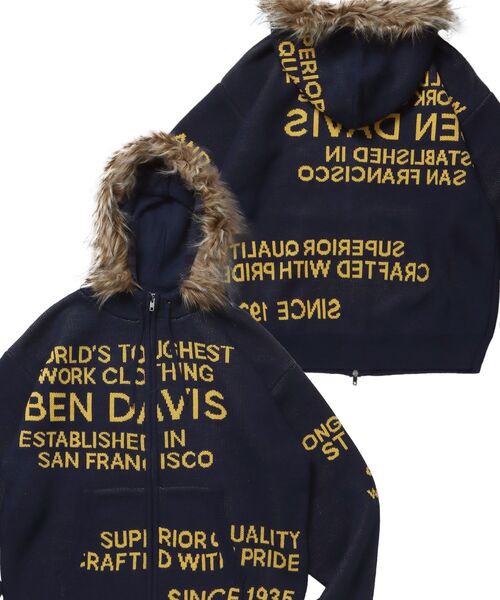 【BEN DAVIS（ベンデイビス）】FAUX FUR TRIM KNIT JACKET / オーバーサイズ ニットファー ジップパーカー フーディ ダブルジップ