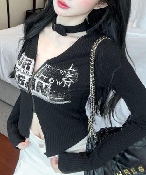 REMUR(レミュール)の「ネックベルトフロントジップ長袖トップス(Tシャツ/カットソー・レディース・ブラック/ベージュ・FREE)」の3枚目の写真