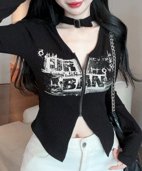 REMUR(レミュール)の「ネックベルトフロントジップ長袖トップス(Tシャツ/カットソー・レディース・ブラック/ベージュ・FREE)」の7枚目の写真