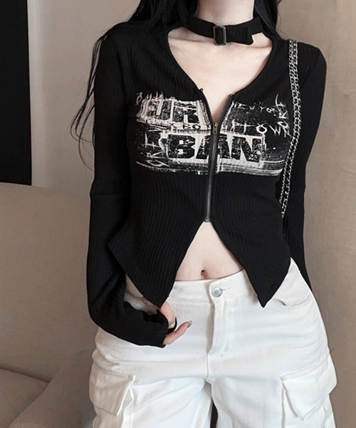 REMUR(レミュール)の「ネックベルトフロントジップ長袖トップス(Tシャツ/カットソー・レディース・ブラック/ベージュ・FREE)」の8枚目の写真