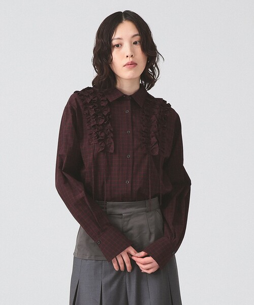 Ray BEAMS(レイビームス)の「チェック フリル ブレード シャツ(シャツ/ブラウス・レディース・ブラック/ワイン・ONE SIZE)」の1枚目の写真