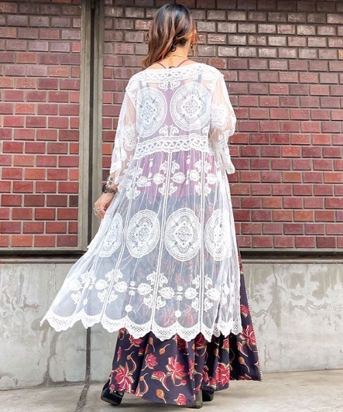 チャイハネ（チャイハネ）の「【チャイハネ】レシアム総レースロングカーディガン（カーディガン/ボレロ・レディース・ブラック/ホワイト・FREE）」の4枚目の写真