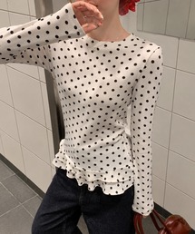 人気につき再登場！/ドット柄 フリルタイトロングTシャツ/ロンT/長袖/レイヤード